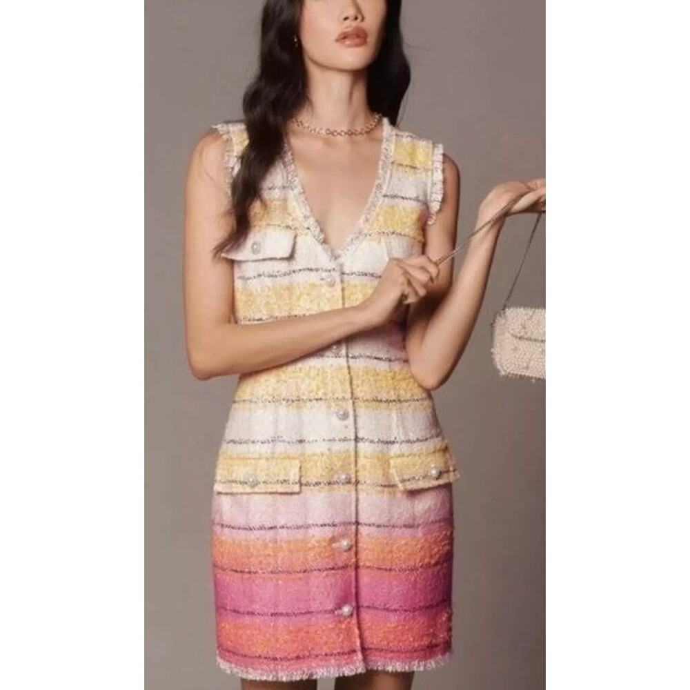 Maeve Anthropologie Tweed Pink Yellow Ombré Sleeveless Mini Dress Size 4